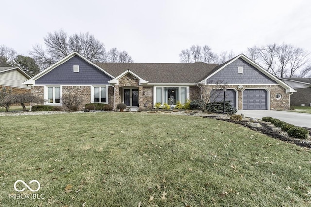 view of front of property featuring a front yard, concrete driveway, brick siding, and an attached garage