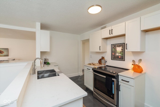 kitchen with visible vents, white cabinets, stainless steel range with electric cooktop, a sink, and a peninsula