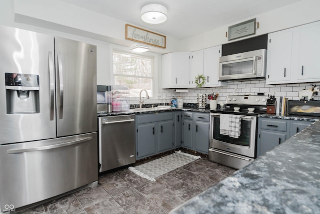 kitchen featuring stainless steel appliances, backsplash, white cabinets, a sink, and dark stone countertops