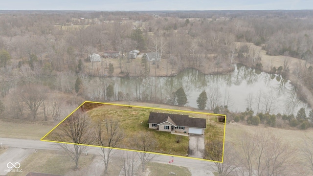 bird's eye view with a forest view and a water view