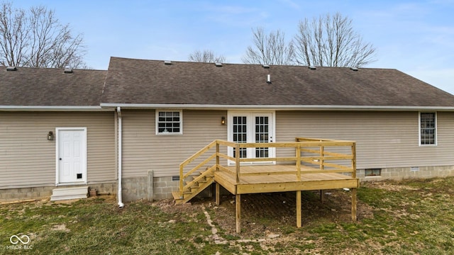 rear view of house featuring crawl space, a shingled roof, a deck, and entry steps