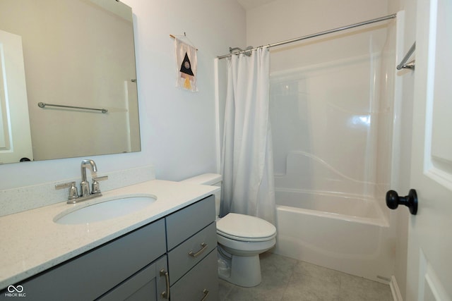 bathroom with vanity, shower / bath combination with curtain, tile patterned flooring, and toilet