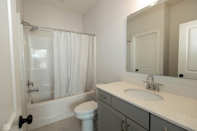 full bath with toilet, tile patterned flooring, shower / tub combo with curtain, and vanity