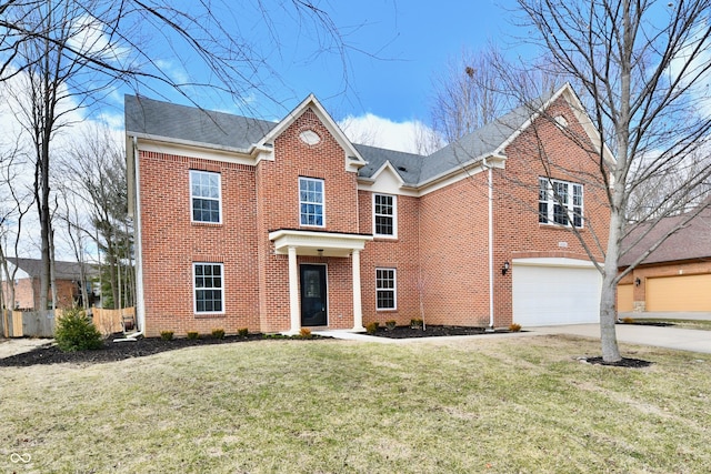 traditional-style house featuring concrete driveway, an attached garage, brick siding, and a front lawn