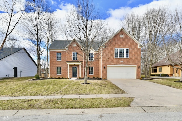 view of front of home featuring a garage, brick siding, concrete driveway, and a front yard