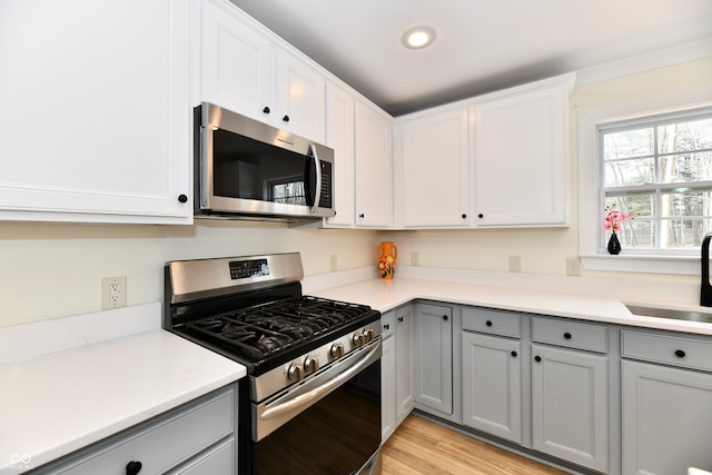 kitchen with light wood finished floors, gray cabinets, a sink, light countertops, and appliances with stainless steel finishes