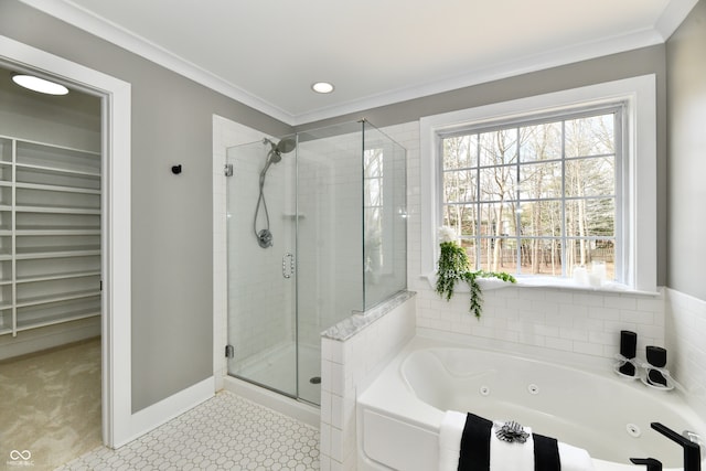 full bathroom featuring a shower stall, a jetted tub, baseboards, and ornamental molding