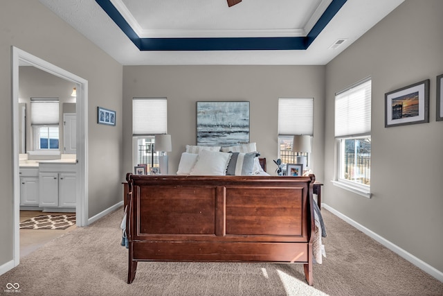 bedroom featuring baseboards, a raised ceiling, and light colored carpet