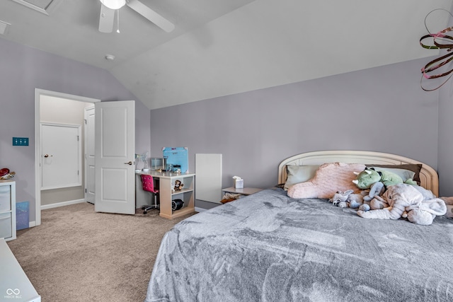 bedroom with lofted ceiling, carpet flooring, ceiling fan, and baseboards