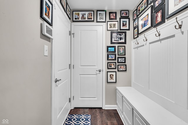 mudroom featuring baseboards and dark wood finished floors