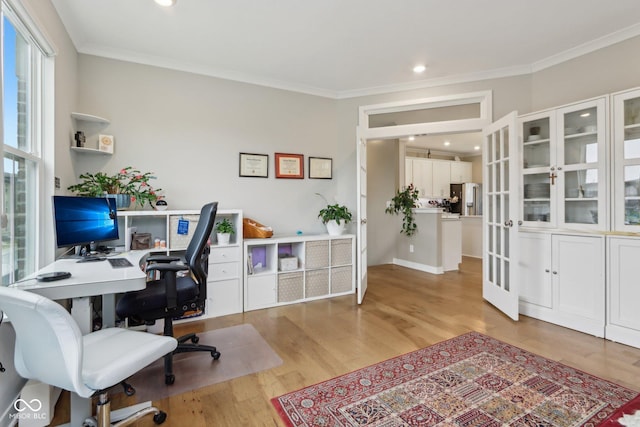 office with recessed lighting, crown molding, and light wood-style floors