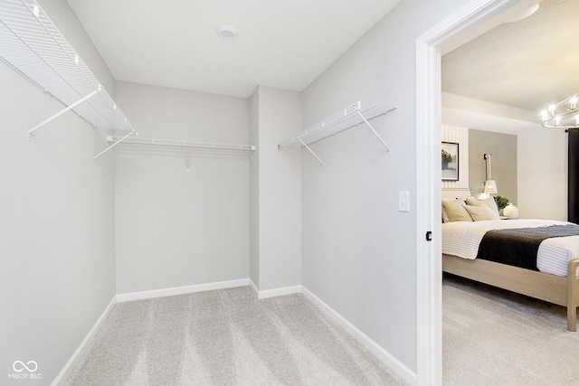 walk in closet featuring carpet floors and a chandelier