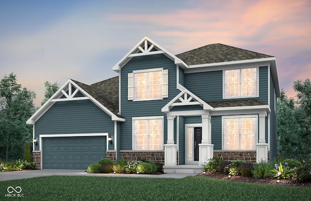 craftsman-style house featuring a shingled roof, stone siding, an attached garage, and concrete driveway