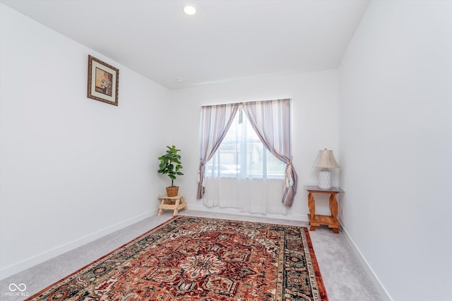 interior space with baseboards and carpet