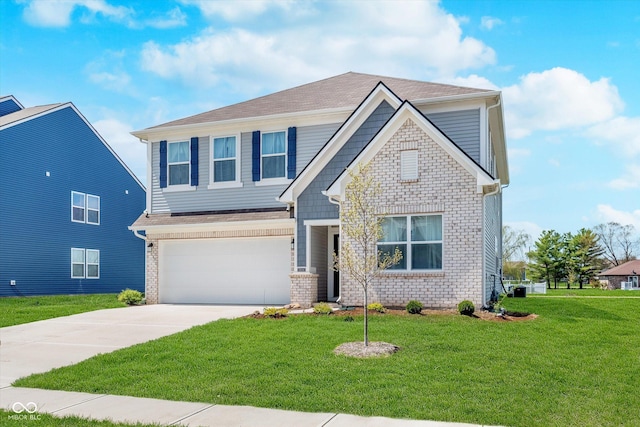 craftsman-style home featuring concrete driveway, a front lawn, brick siding, and a garage