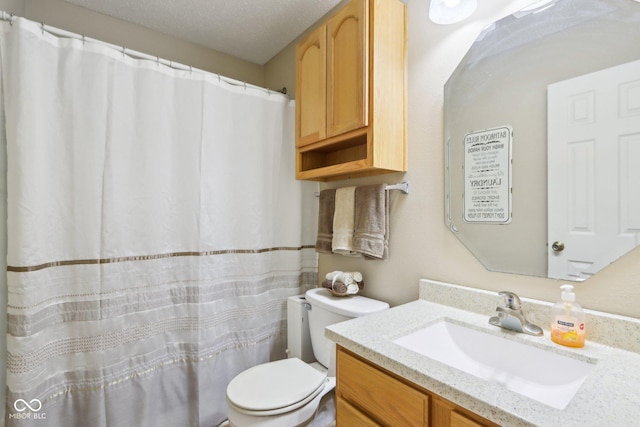 full bath featuring curtained shower, vanity, and toilet