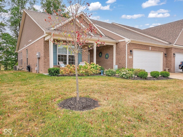 view of front of property featuring brick siding, roof with shingles, concrete driveway, a garage, and a front lawn