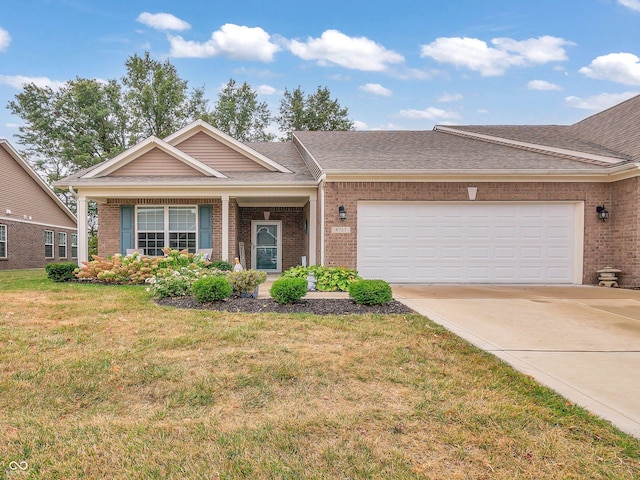 single story home with an attached garage, brick siding, concrete driveway, roof with shingles, and a front yard