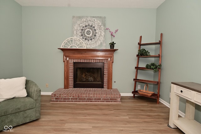 living area featuring light wood finished floors, a fireplace, and baseboards