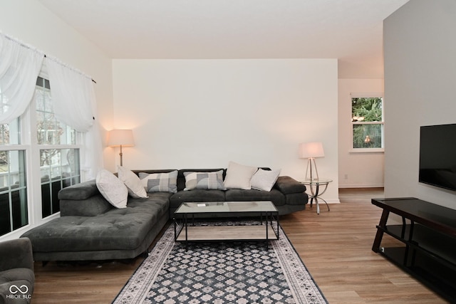 living room featuring wood finished floors and baseboards