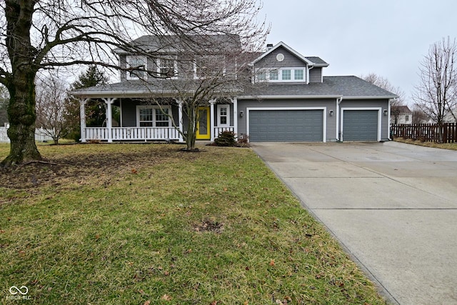 view of front facade featuring driveway, covered porch, fence, and a front yard