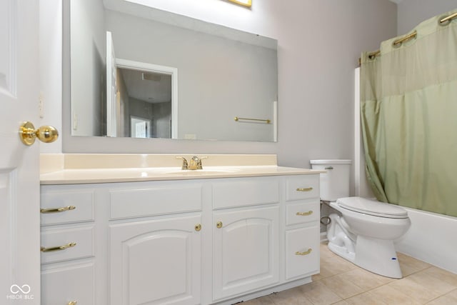 bathroom featuring shower / bath combination with curtain, visible vents, toilet, vanity, and tile patterned flooring