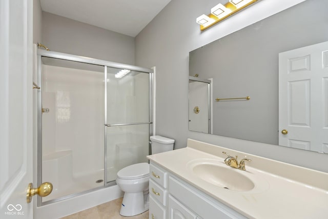 full bath featuring vanity, a shower stall, toilet, and tile patterned floors