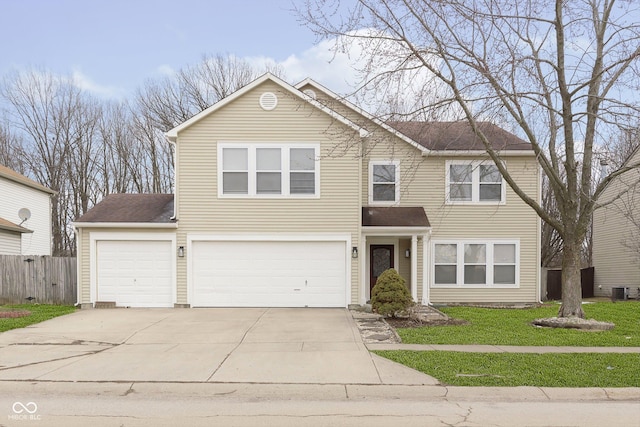 traditional home featuring roof with shingles, concrete driveway, central AC, fence, and a front lawn