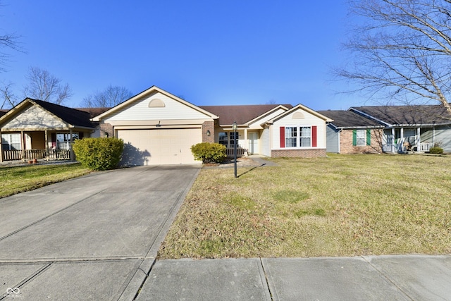 single story home featuring brick siding, a front lawn, a porch, a garage, and driveway