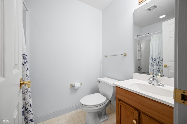 full bathroom with toilet, tile patterned floors, vanity, visible vents, and a shower with curtain