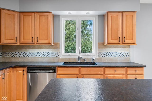 kitchen featuring decorative backsplash, dark countertops, a sink, and stainless steel dishwasher