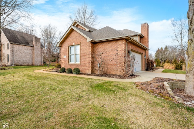 view of side of home featuring brick siding, roof with shingles, a chimney, concrete driveway, and a lawn