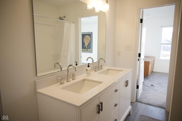 bathroom featuring double vanity, wood finished floors, and a sink