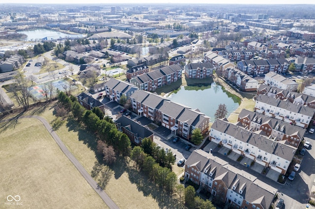 aerial view featuring a water view and a residential view