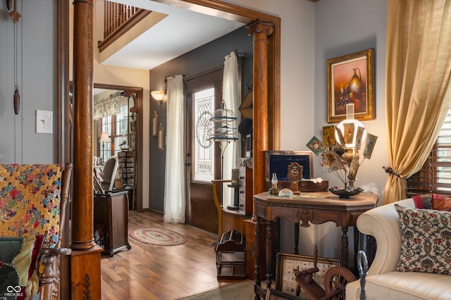 foyer with wood finished floors