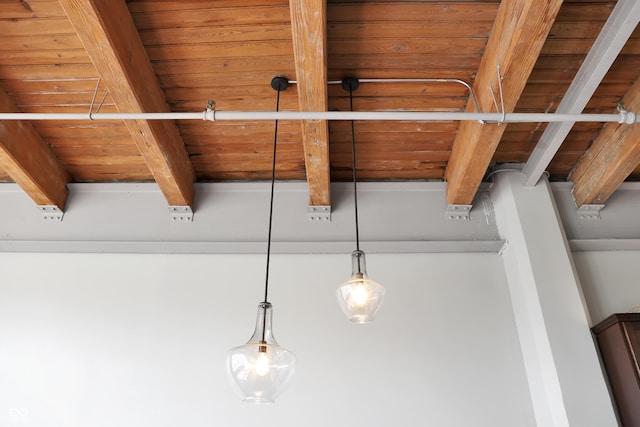 details with wood ceiling and beam ceiling