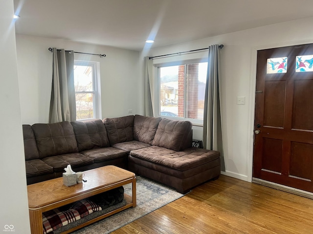 living room with baseboards, plenty of natural light, and light wood finished floors