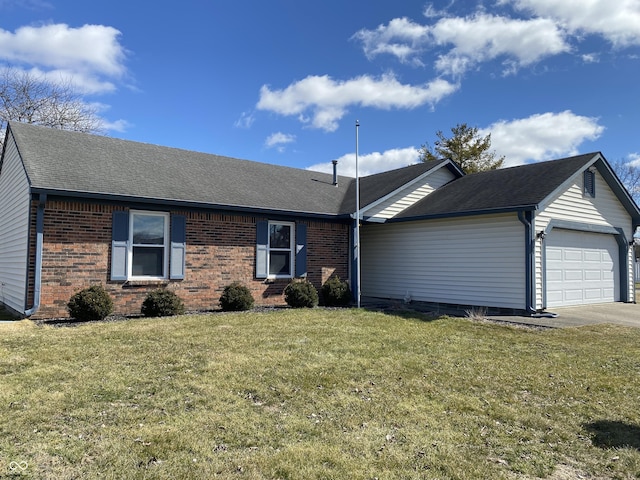 ranch-style house featuring a garage, roof with shingles, a front lawn, and brick siding