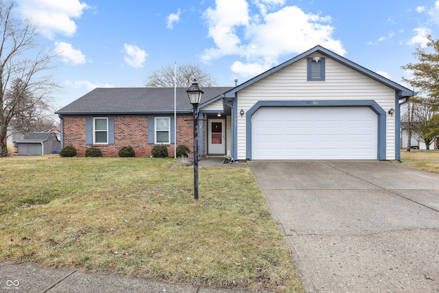 single story home with brick siding, roof with shingles, an attached garage, driveway, and a front lawn