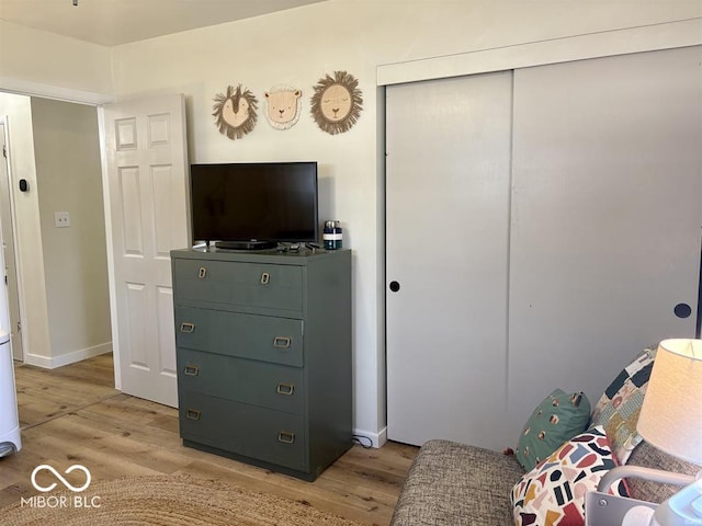 interior space featuring light wood-style flooring, baseboards, and a closet