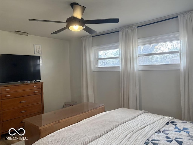 bedroom featuring ceiling fan and visible vents