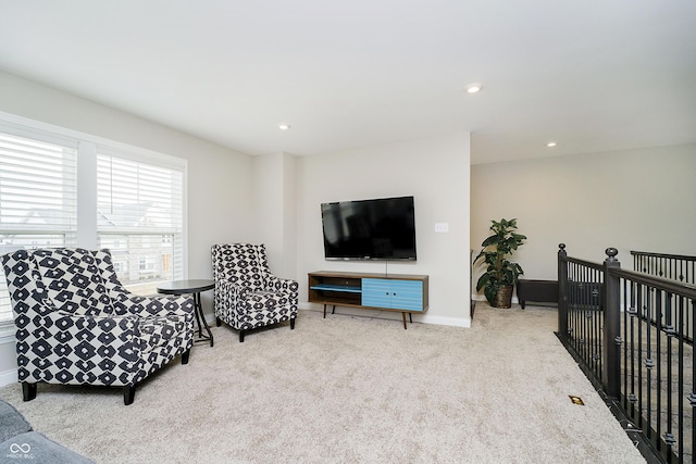 sitting room with carpet, baseboards, and recessed lighting