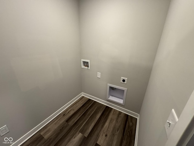 laundry room with laundry area, baseboards, dark wood finished floors, hookup for a washing machine, and hookup for an electric dryer