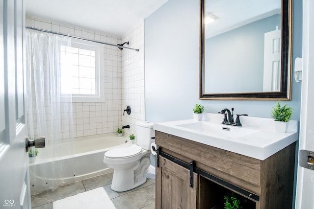 full bathroom with shower / washtub combination, vanity, toilet, and tile patterned floors