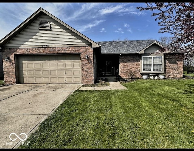 single story home featuring a garage, driveway, roof with shingles, a front lawn, and brick siding