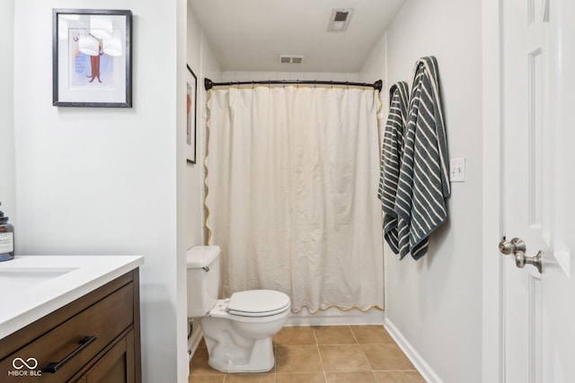 full bathroom with tile patterned flooring, toilet, vanity, and visible vents