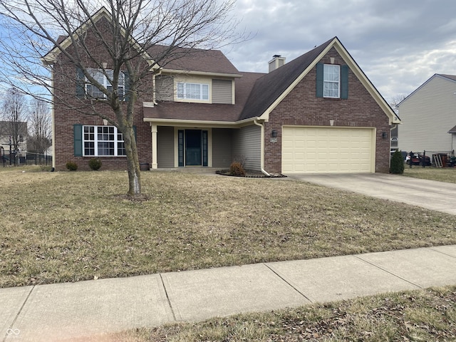 traditional-style house featuring a front yard, concrete driveway, brick siding, and a chimney