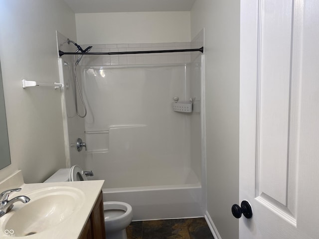 full bathroom with tub / shower combination, vanity, and toilet