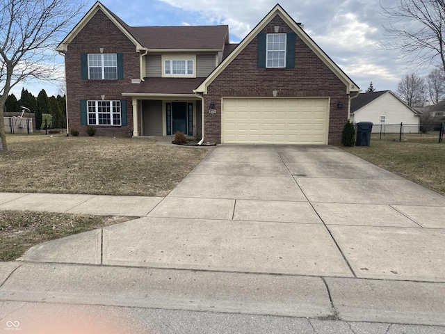 traditional-style house with an attached garage, brick siding, fence, concrete driveway, and roof with shingles