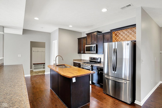 kitchen featuring stainless steel appliances, a sink, visible vents, wooden counters, and dark wood finished floors